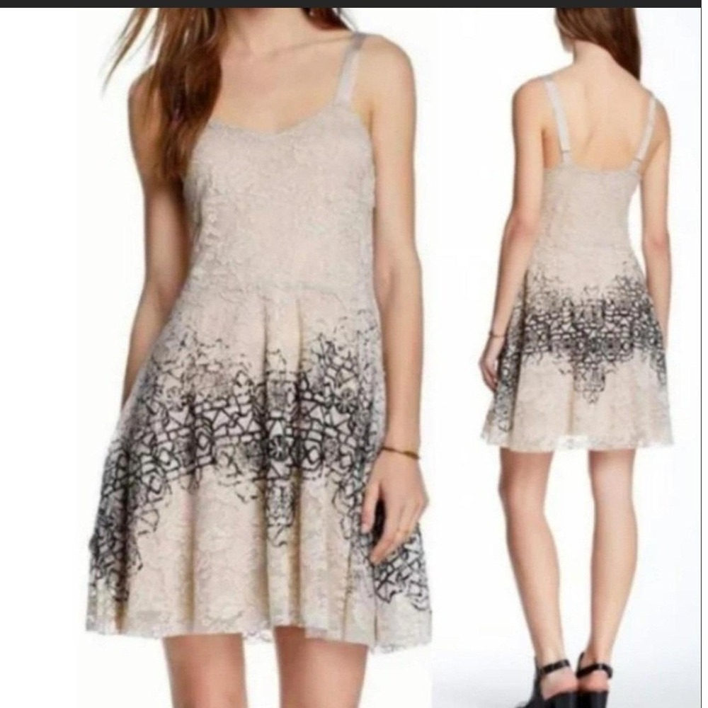 Free People Lace Slip Dress Small Beige Black Lace Boho Geo Print Mini